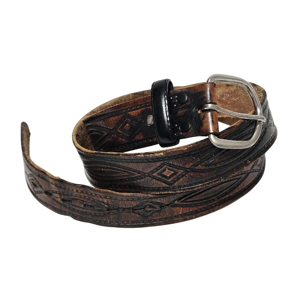 Men's Western Genuine Leather Belt Embossed Geometric Engraved 44